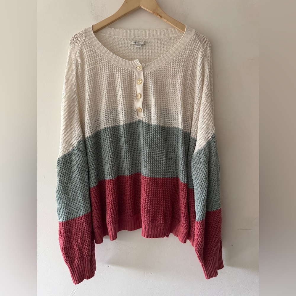 American Eagle Women's‎ Colorblock Waffle Knit Henley Oversized Sweater Top